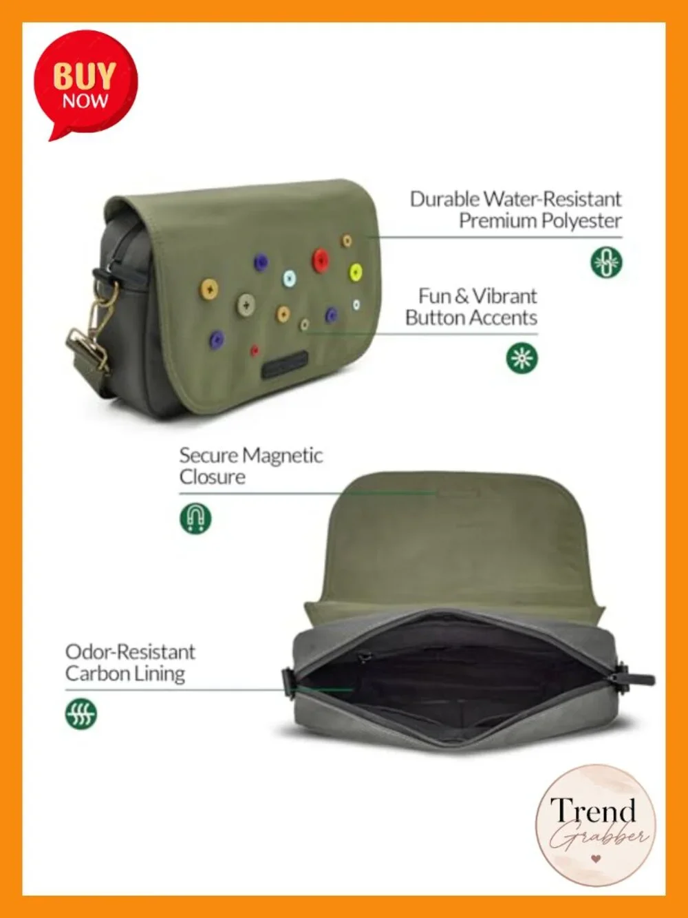 Water-Resistant Messenger Crossbody Bag with Carbon Lining, Adjustable Strap,
